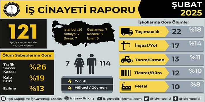 Şubat ayında en az 121, yılın ilk iki ayında 299 işçi iş cinayetlerinde hayatını kaybetti