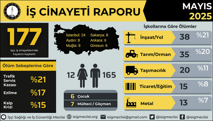 Mayıs ayında en az 177 işçi hayatını kaybetti, yılın ilk 5 ayında iş cinayetleri 796 oldu